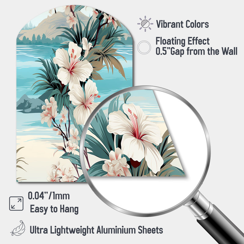 Motif tropical de bord de mer, impression sur métal, arche côtière, art mural blanc asymétrique en métal, H 34 po x l 25 po
