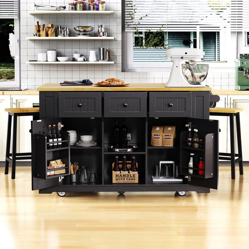 Arlonda 53'' Kitchen Island  With 2 Bar Stools, Black