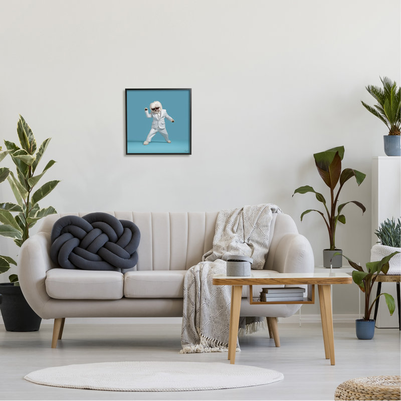 Az-165-encadré, chien dansant sur bleu par Roozbeh, Giclée encadrée noir minuit, H 17 po x l 17 po x P 1,5 po