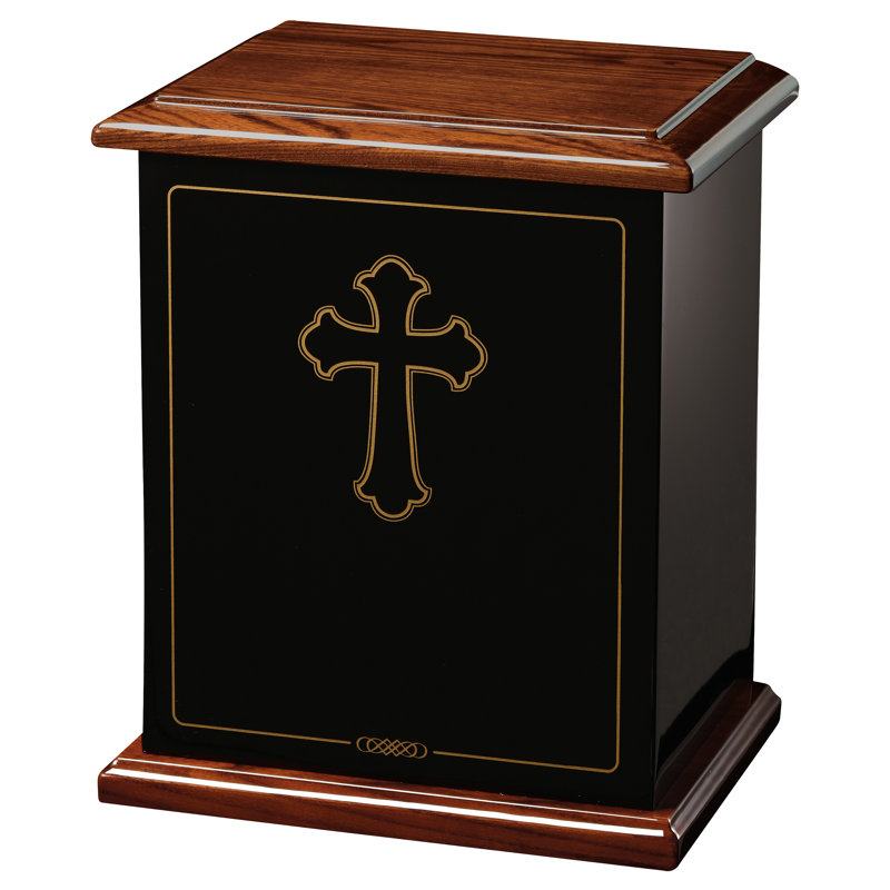 Ping Hope Traditional Memorial Urn Chest, Two-Tone High-Gloss Hardwood Case with Gold Inlaid Cross and Personalization Plate