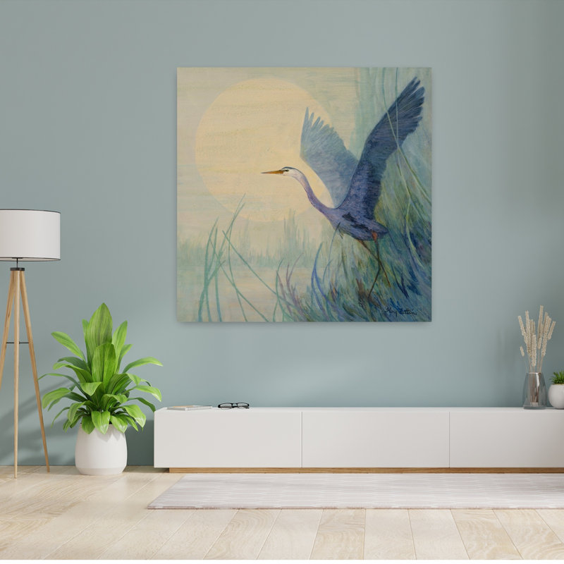 Héron soulevant un oiseau, lavande, art contemporain, H 48 po x l 48 po