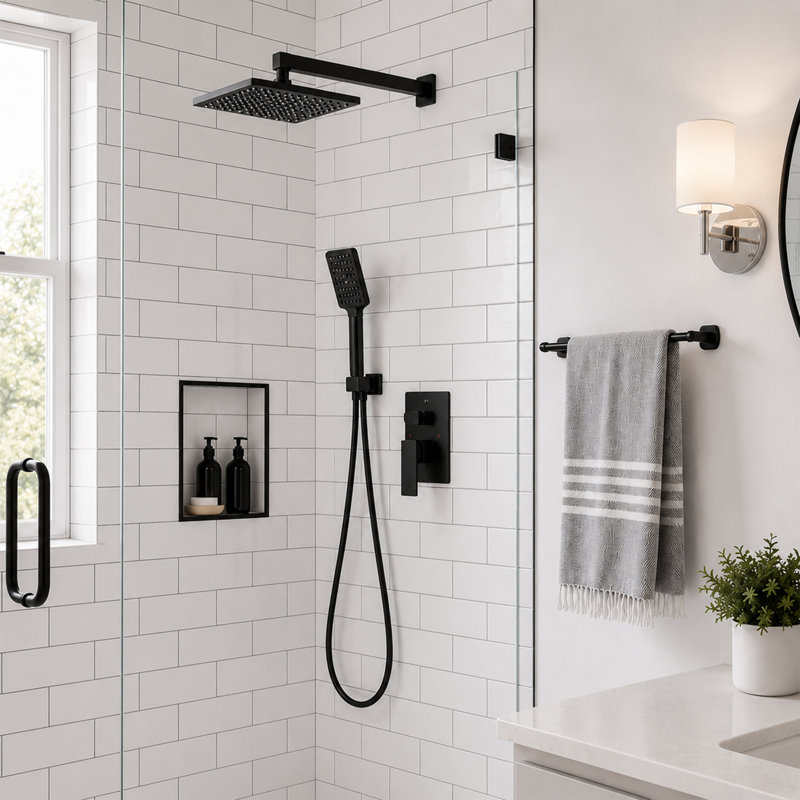 Prism 4-Spray Square Shower System with Handheld in Matte Black (Valve Included), Matte Black