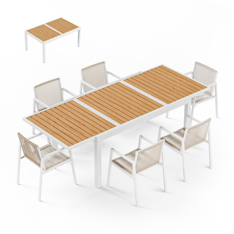 7-piece Expandable Outdoor Dining Set With Aluminum Frame And Wood-look Tabletop, Extendable Patio Table With 6 Chairs For Garden, Backyard, Or Porch, White
