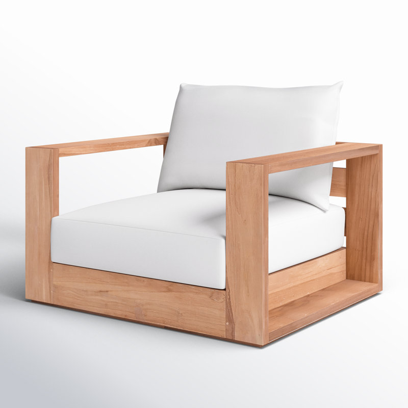 Teak Brown Outdoor Armchair with White Cushions