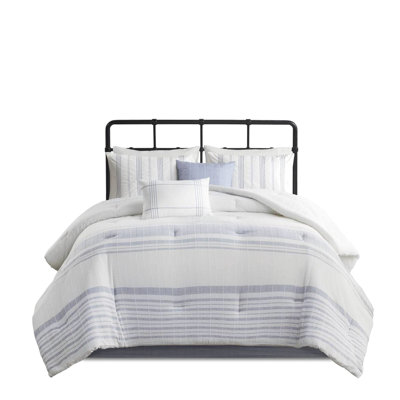 6 Piece Bedding | Cotton With Fill Contrasting Color Woven Stripes 15″ Drop Bed Skirt Split Corners Comforter Textured Machine Washable