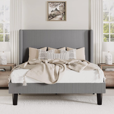 Ribbed Corduroy Platform Bed With Wingback Headboard And Wooden Slats, No Box Spring Needed