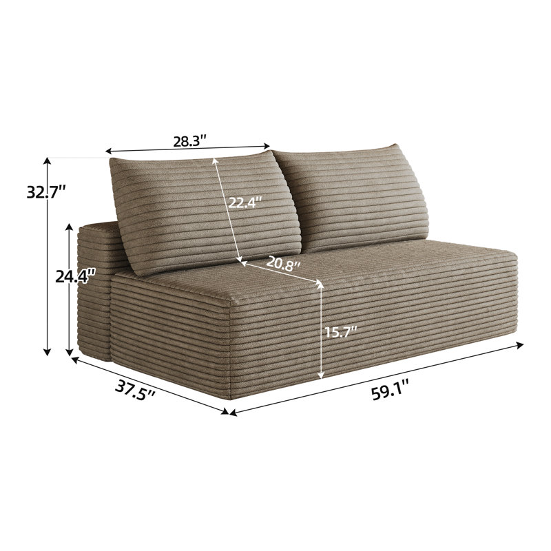 59.1" Boneless Plush Corduroy Sofa, Armless Loveseat Couch - No Assembly Required, Camel