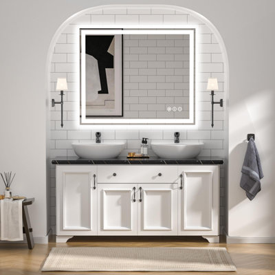 LED Bathroom Mirror With Backlit + Frontlit, Anti-Fog Tempered Glass Vanity Mirror