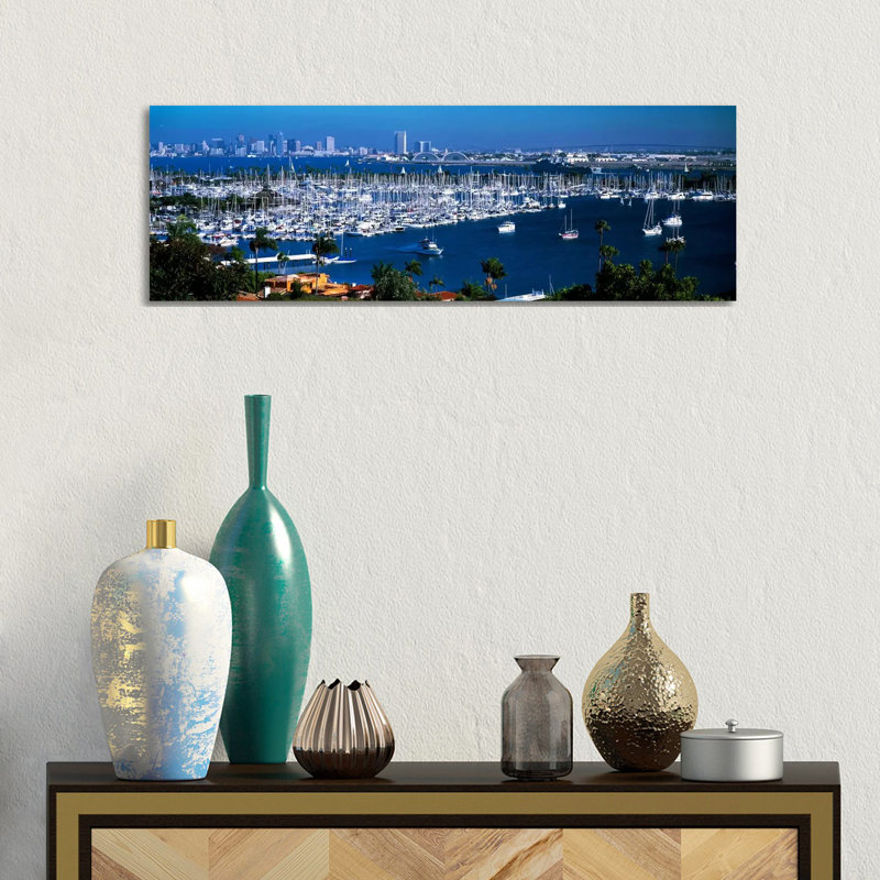 Boats Moored At A Harbor, San Diego, California, USA by Panoramic Images - Wrapped Canvas Panoramic Print