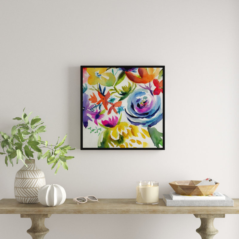 «Summer Spectrum I», peinture sur toile, H 31,7 po x l 31,7 po x P 1,75 po, Cadre flottant noir