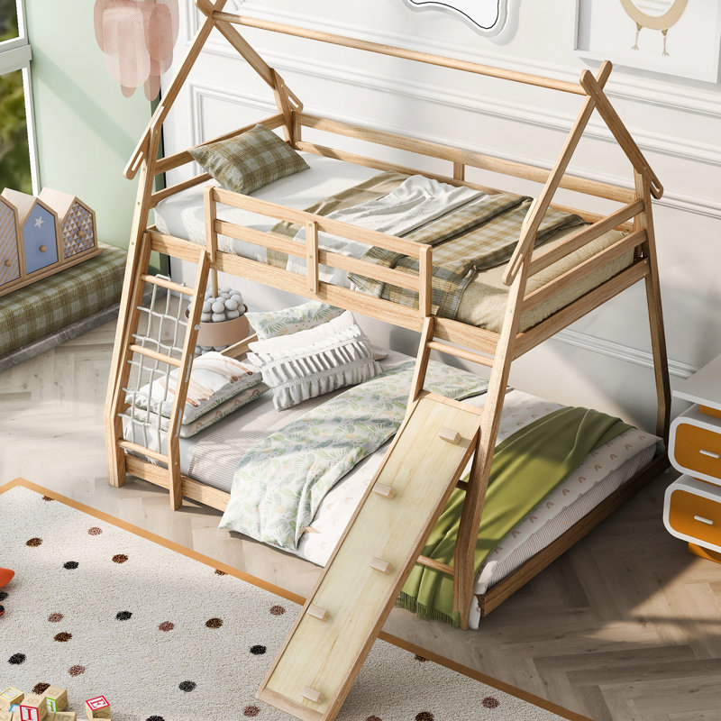 Lit superposé simple au-dessus de grand lit avec éléments d'escalade - Filets de confort et rampe pour économiser de l'espace