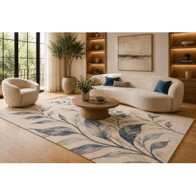"Ultra Light Weight" Large 6'7" x 9'10" Blue and Cream Botanical Branch Area Rug for Living Room, Soft Low Pile Carpet with Non-Slip Silicone Backing, Floor Decor for Bedroom, Dining Area and Home Office
