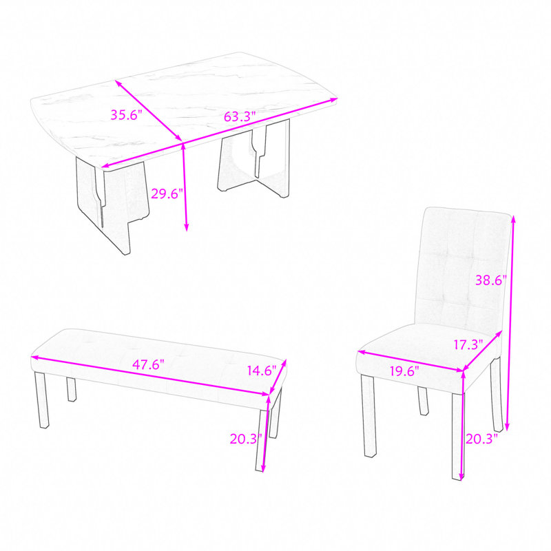 Ensemble de table de salle à manger 6 pièces avec table, banc rembourré et 4 chaises, Blanc, Beige