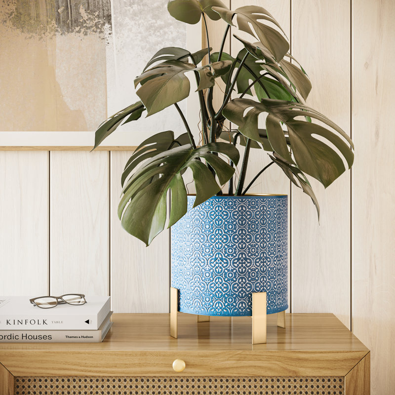 Saphira Indoor Metal Pot Planter With 4-Leg Metal Base, 12" H x 11" W x 11" D
