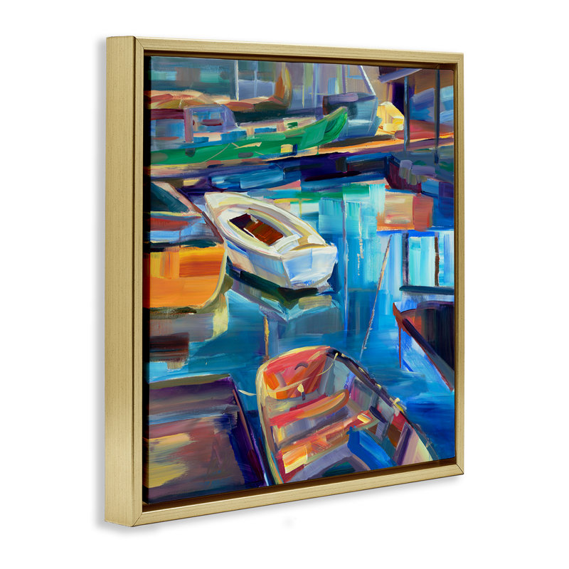 Art mural sur toile flottante, "Boat Marina Abstraction" par Borcherding, Cadre flottant métallique doré, H 25 po x l 25 po
