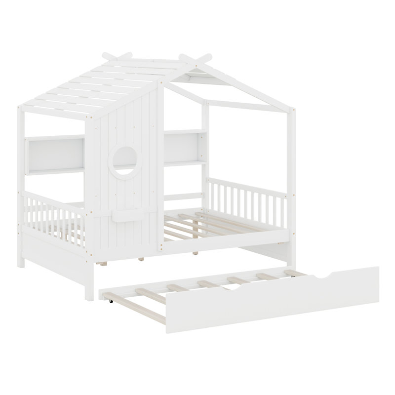 Structure de lit robuste en bois avec lit gigogne intégré et tablette de rangement pratique, Blanc, Lit double