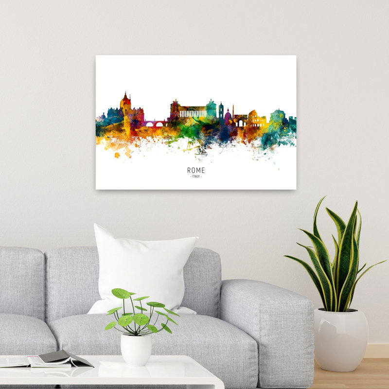 Rome, aquarelle, horizon, architecture contemporaine, art mural, H 24 po x l 36 po