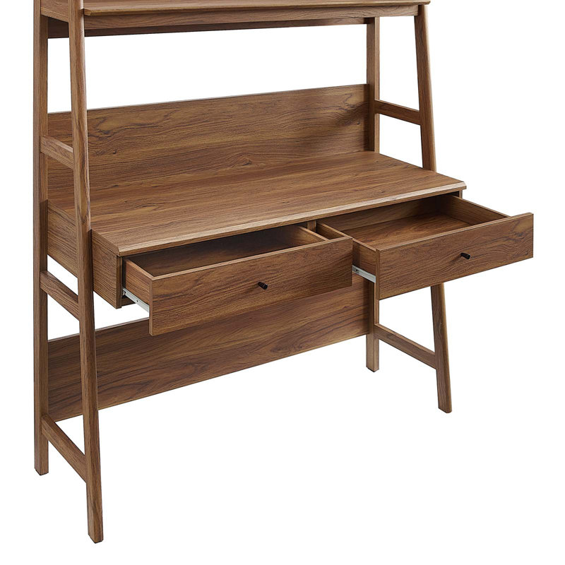 Bixby Walnut Wood Office Desk with Bookshelf and Drawers