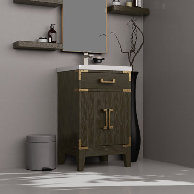 32,93 po Grand meuble-lavabo en chêne brun avec comptoir et robinet en acrylique - centre de table de salle de bain surélevé 91,22 lb