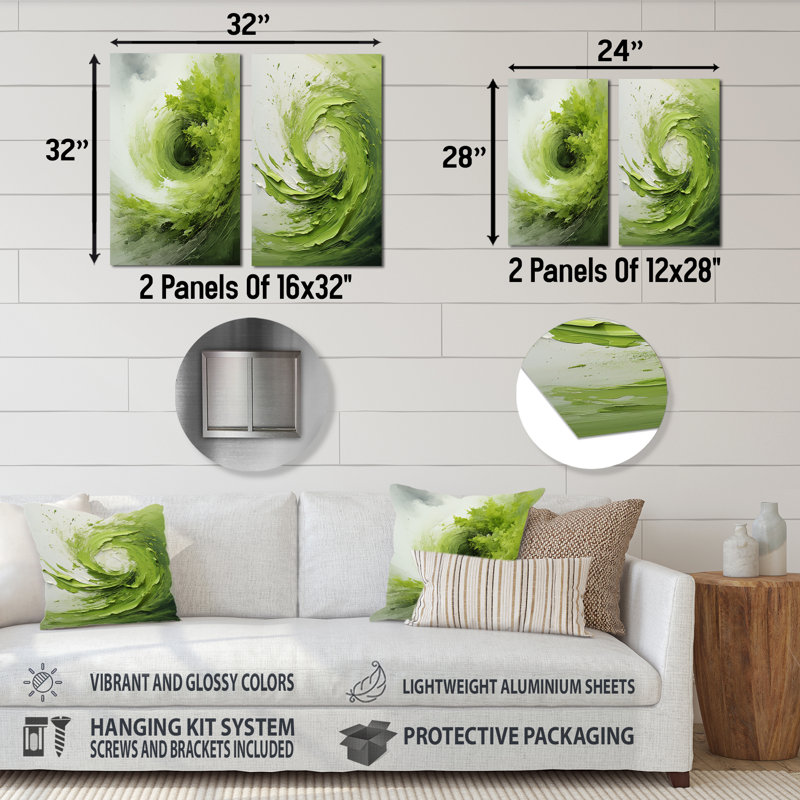 Ensemble de salon vert et blanc avec spirale abstraite I - spirales abstraites en métal, H 32 po x l 32 po