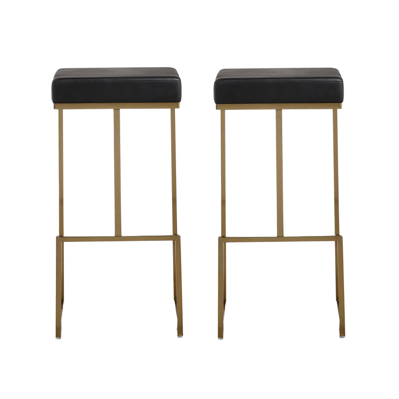 Stainless Steel,Vegan Leather Accent Stool, Black