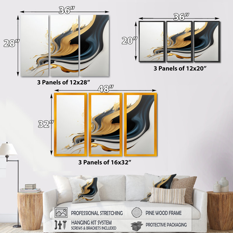Noir, blanc et or liquide Art III - ensemble d'art mural moderne sur toile, Cadre noir, H 28 po x l 36 po x P 1 po