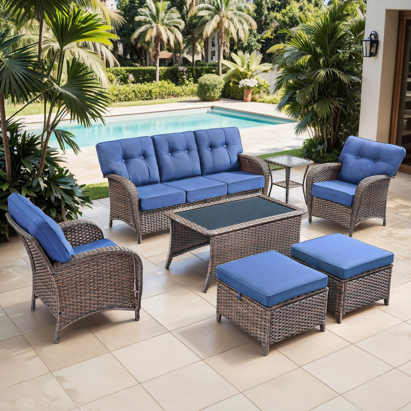 Harbor 7-Piece Outdoor Wicker Patio Furniture Set, 5" Thick Cushioned Rattan Conversation Set With Sofa, Chairs & Ottomans