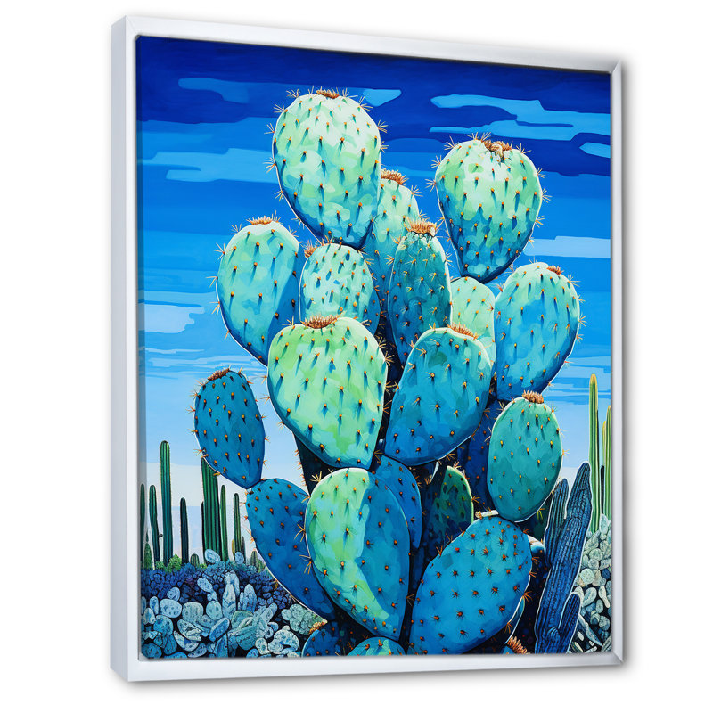 «Cerulean Blue Cactus Collage I», reproduction sur toile, Cadre flottant blanc, H 40 po x l 30 po x P 1,5 po