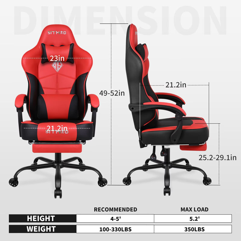 Gaming Chair with Footrest, Ergonomic Computer Chair with Lumbar Support, with 4D Foam Sports Seat Cushion, Breathable Leather Material, Height Adjustable Adult Office Chair
