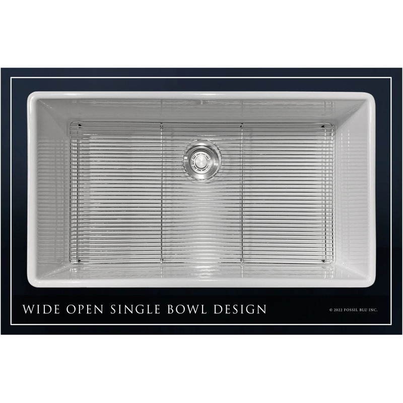Luxury 36-Inch Solid Fireclay Farmhouse Sink, Flat Front, Stainless Steel Accessories