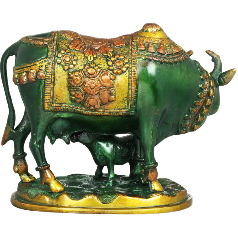 Figurine vache et veau, Vert/doré