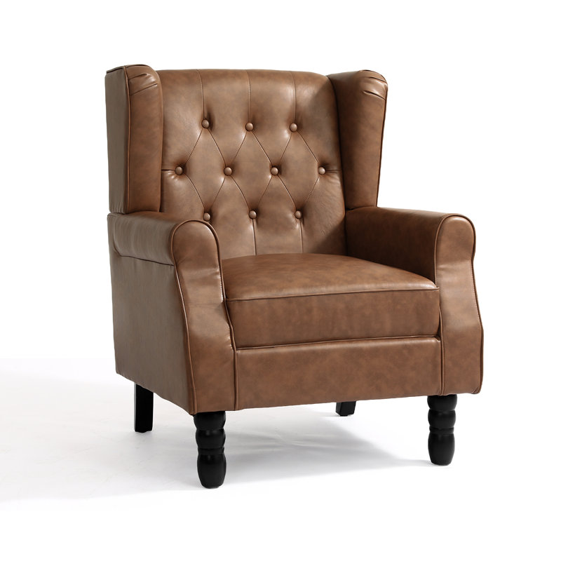 Duward Faux Leather Brown Button Tufted Wingback Accent Chair with Rolled Arm and Thick Padded Cushion, Brown Faux Leather