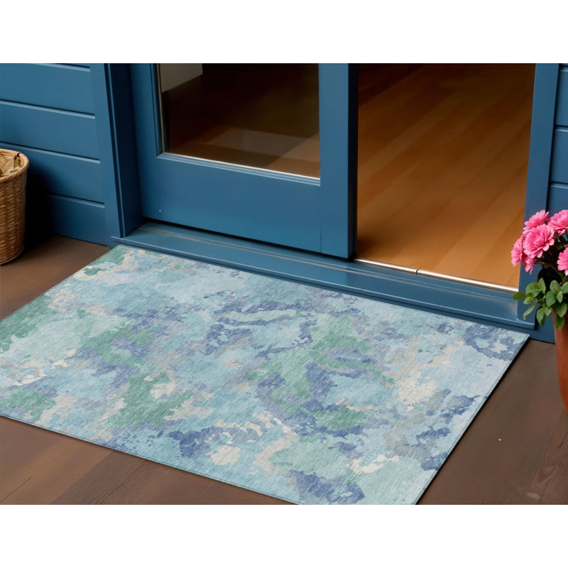 Tapis d'extérieur lavable abstrait bleu et bleu sarcelle 3 pi x 5 pi