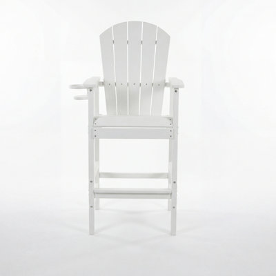Chaise à hauteur de bar en blanc, assise confortable pour l'extérieur et la terrasse, avec porte-gobelet
