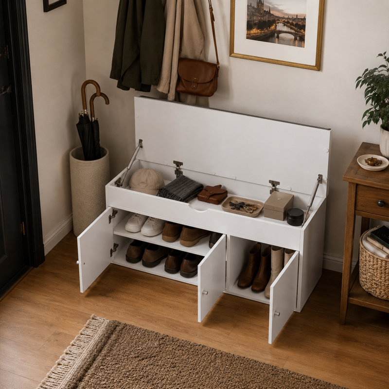 100cm Entryway Shoe Bench with Linen Cushion - Hidden Storage & 2-Tier Rack - White