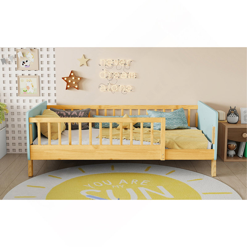 Lit simple pour enfants, lit plateforme simple en bois avec tête et pied de lit, Lit simple, Bleu