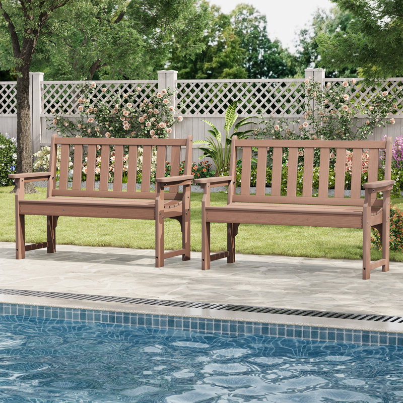 Heavy Duty All-Weather Poly Lumber Outdoor Bench for 2 – 800lb Capacity – Durable Garden and Patio Seating – Teak Finish – Yuzu Color