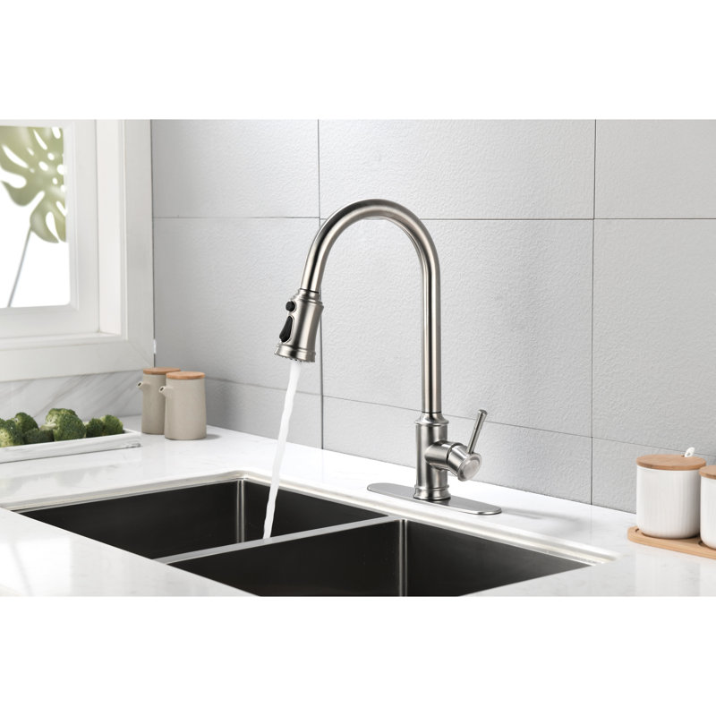 Robinet de cuisine en nickel brossé avec poignée simple et bec rotatif à 360 ° en acier inoxydable, Nickel