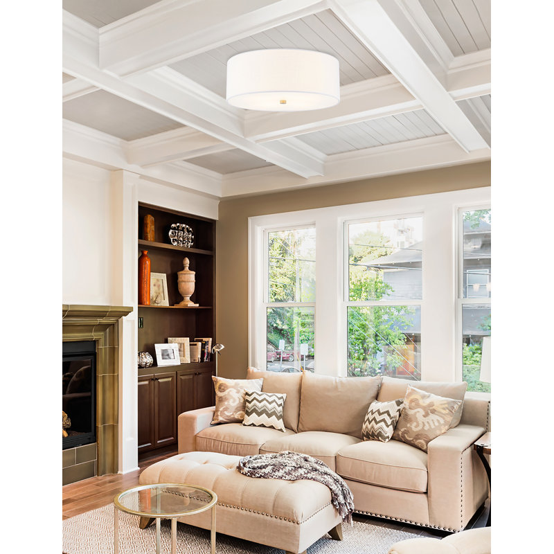 Textile - Classic Drum Flush-Mount - Linen Fabric Shade - 18"L x 18"W x 6.75"H, Brushed Brass, White