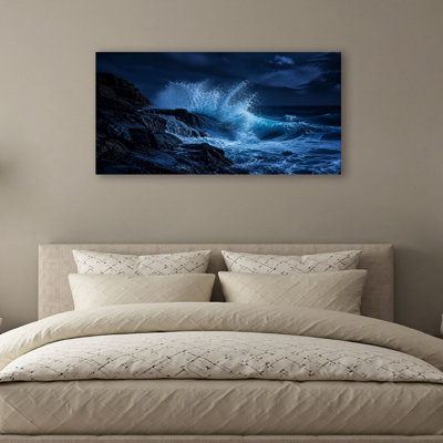Canvas Wall Art Dramatic Ocean Waves Crashing Against Rocky Cliff Night Wall Decor for Living Room Bathroom Bedroom Office 20"H x 40"W Art Paintings, Ready to Hang