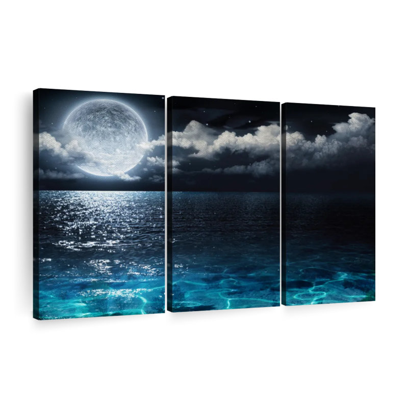 «Moonlit Blue Sea», 3 pièces sur toile, H 24 po x l 38 po x P 1,25 po