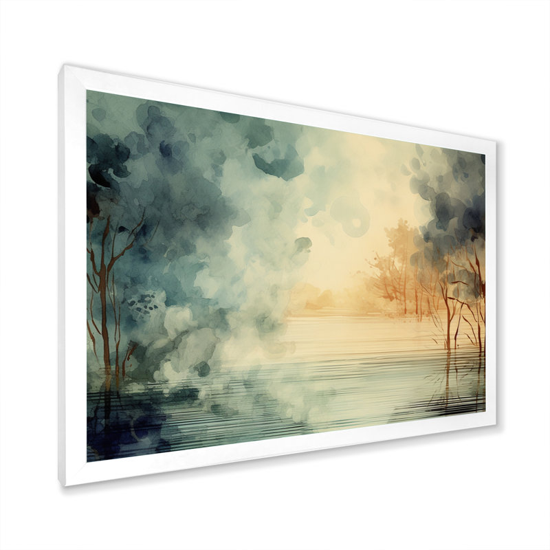 Coucher de soleil sur le lac, reproduction d'art rétro sur toile, H 34 po x l 44 po x P 1,5 po, Cadre photo blanc