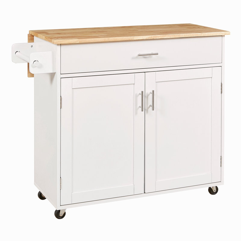 Îlot de cuisine roulant avec rangement, chariot de cuisine avec plateau en bois d'hévéa, tiroir spacieux avec cloison et support de rangement interne, îlot de cuisine sur roulettes avec support de tour réglable