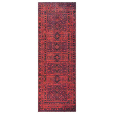  Washable Non-Slip Rug - Red Traditional Bordered Runner for Entryway, Hallway, Bathroom, and Kitchen