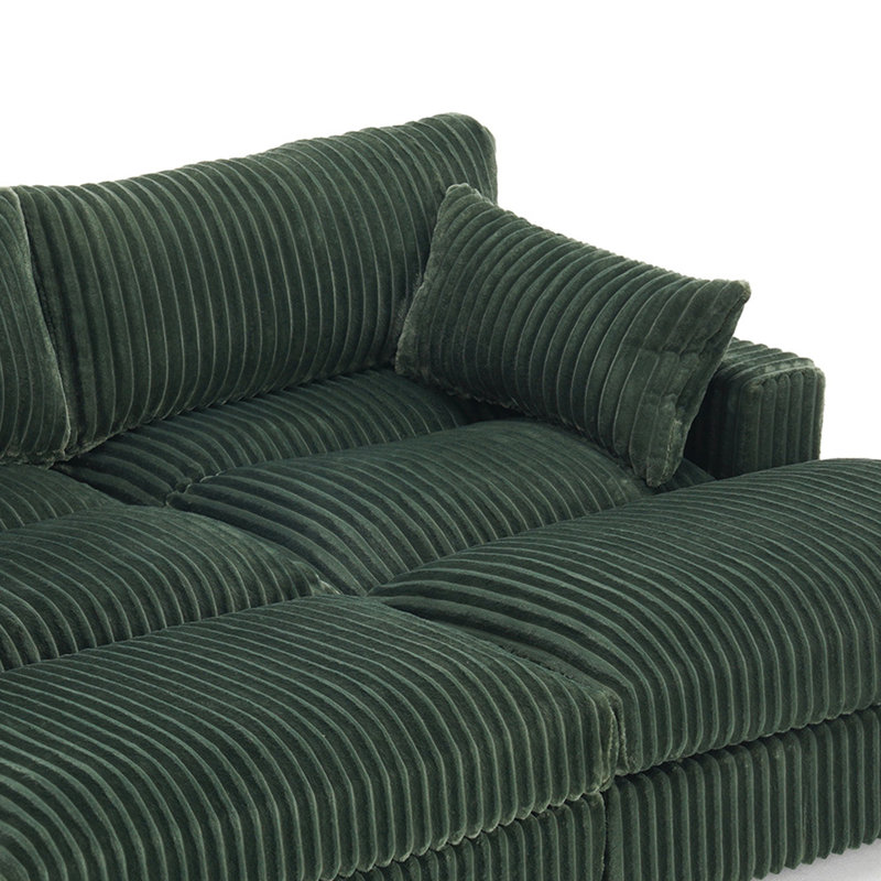 4 - Piece Upholstered Green Faux Rabbit Fur Flannel Reversible Modular Sofa Living Room Sectional Couch with Ottoman, Green