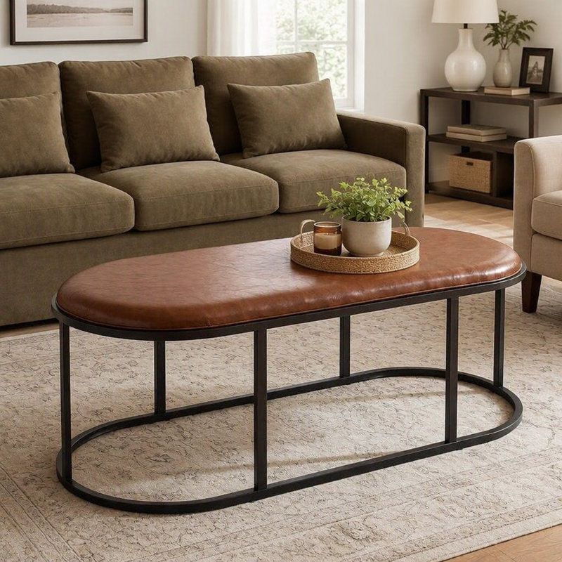 Table basse ovale en similicuir 55,12 po avec base en métal