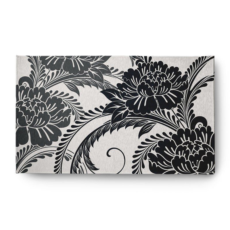 Tapis fleuri en chenille de campagne française Flower Flourish-CRF927BK3, Rectangle 3 pi x 5 pi