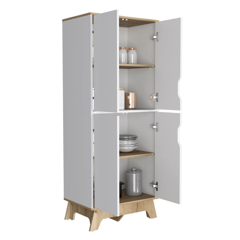Armoire à rangement multiple H 59 po, quatre portes, quatre tablettes internes, chêne clair / blanc