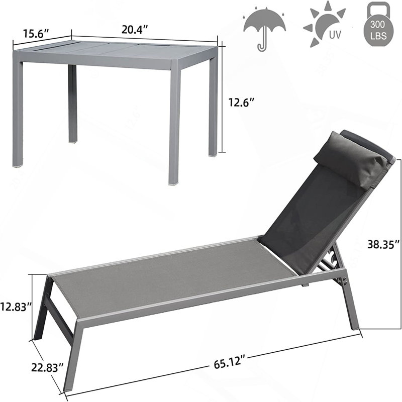 Patio Chaise Lounge Set, 3 Pieces Adjustable Aluminum Backrest Pool Lounge Chairs Sunbathing Recliner With Headrest, Gray