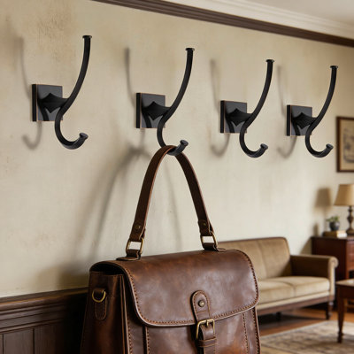 Heavy Duty Wall Hooks Set Of 4, Double Prong Coat Hanger For Bathroom, Entryway, And Bedroom, Solid Zinc Alloy Construction With Oil Rubbed Bronze Finish
